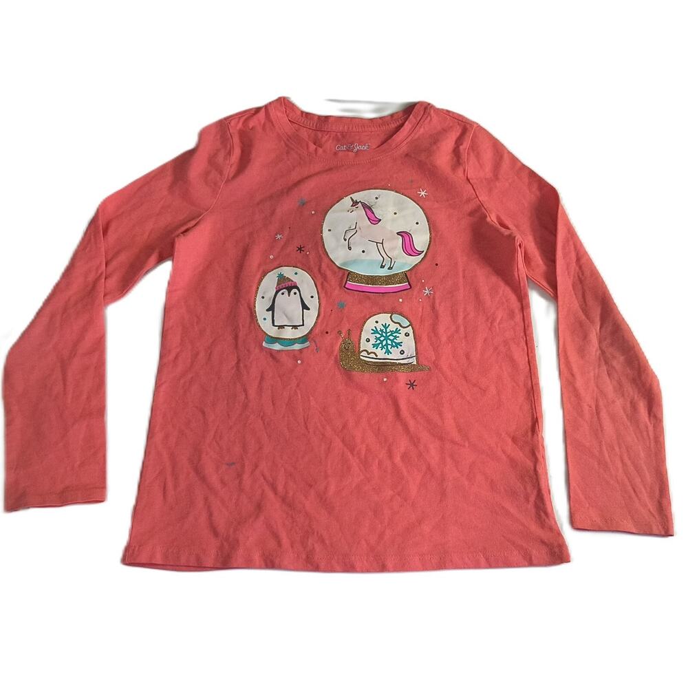 Cat & Jack Girls' Snow Globes Long Sleeve T-Shirt Causal Pullover Red Sz M G001